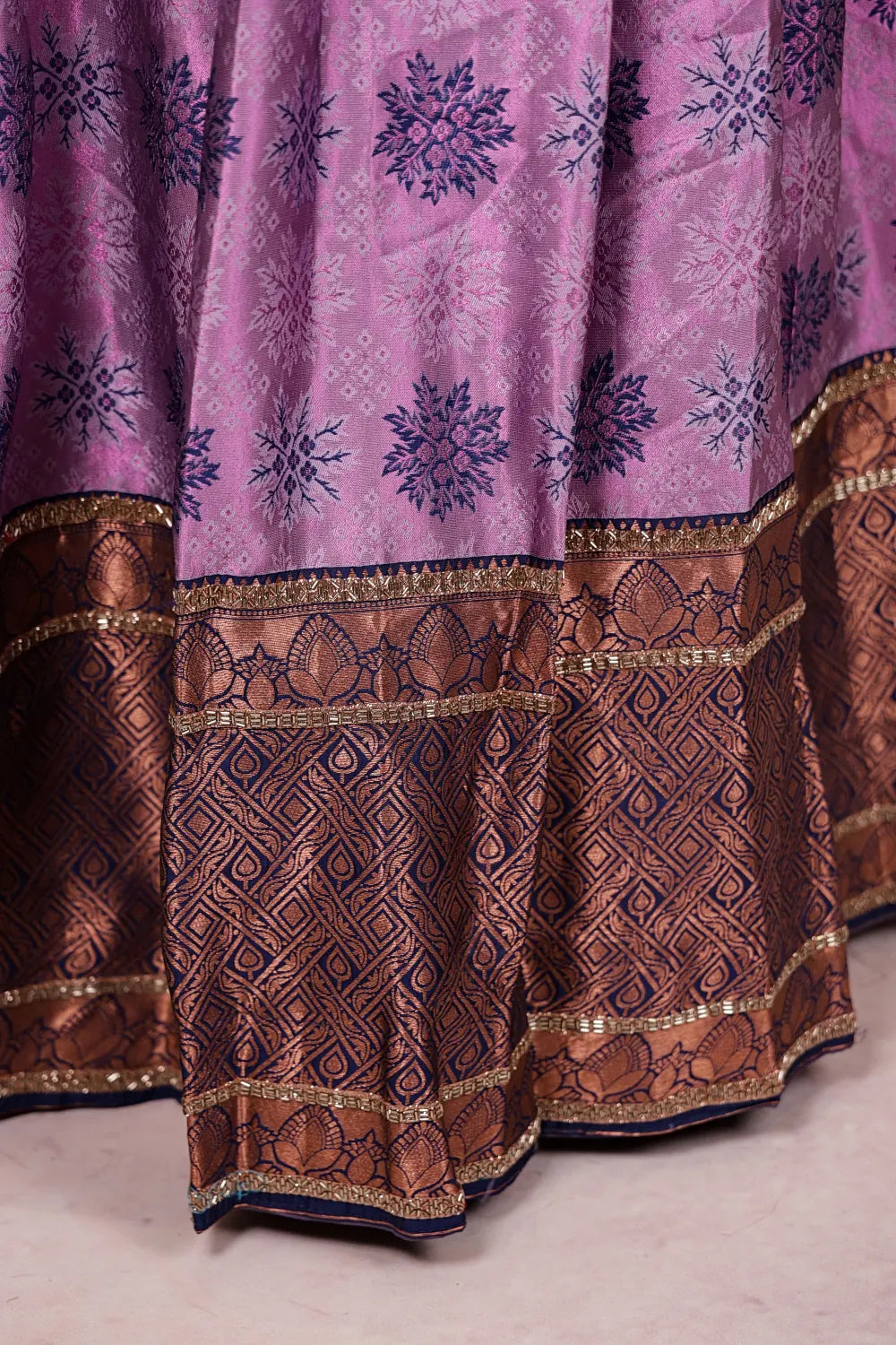 Lavender And Navy Blue Synthetic Brocade Dhavani Set - Seematti