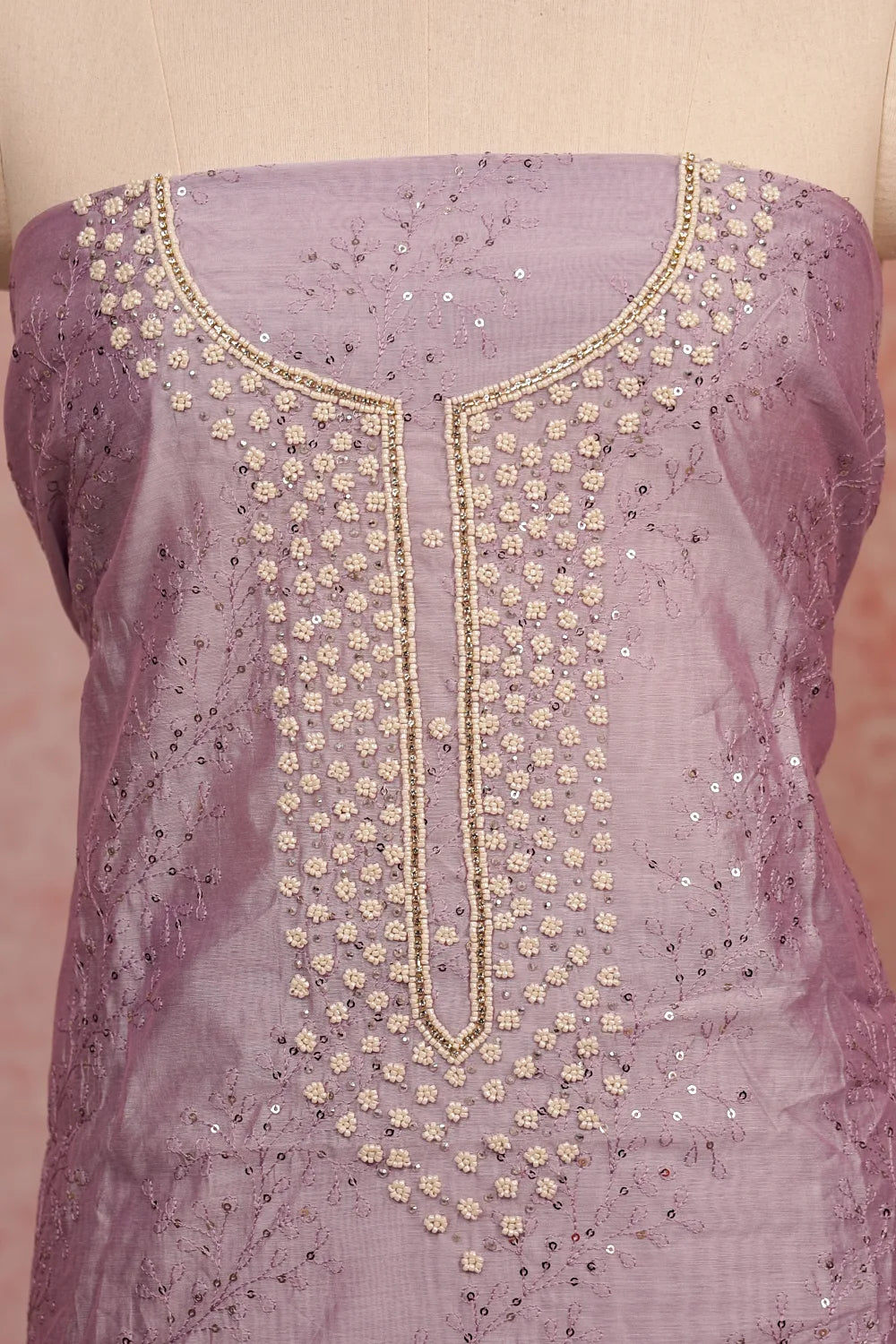 Lavender Chanderi Beeds Work Unstitched Churidhar Material