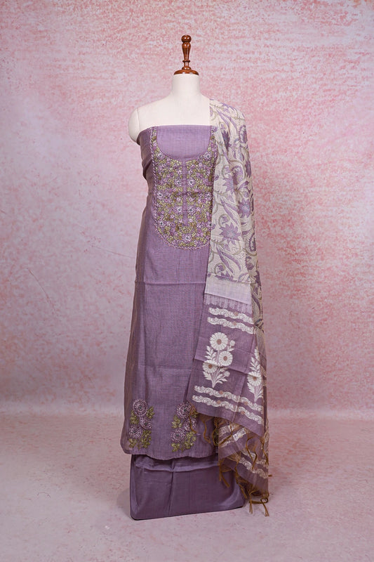 Lavender Chanderi Semi Silk Thread Work Unstitched Churidhar Material - Seematti