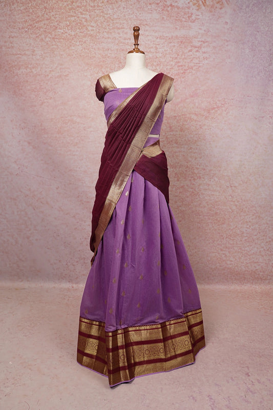 Lavender With Brown Semi Kanchi Cotton Dhavani Set - Seematti