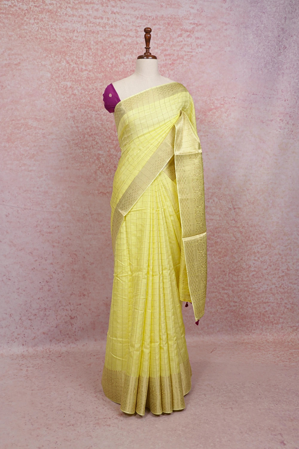 Lemon Yellow Semi Banarasi Saree - Seematti