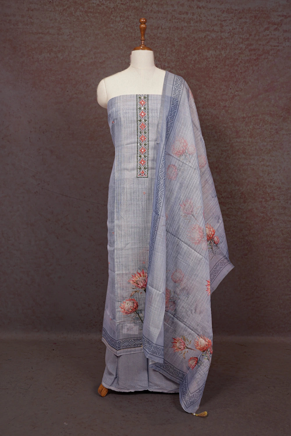 Light Ash Tissue Thread Work Unstitched Churidhar Material