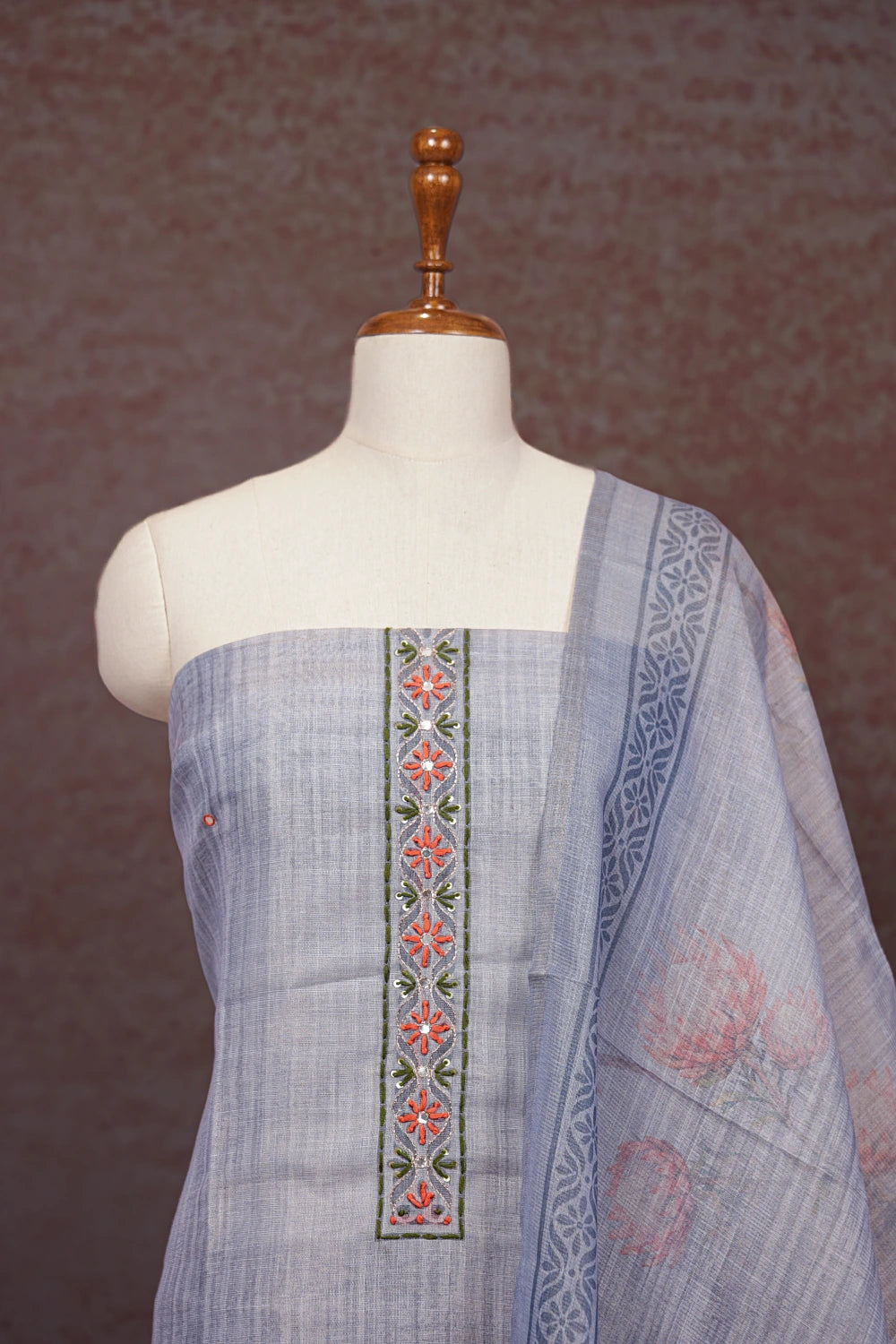 Light Ash Tissue Thread Work Unstitched Churidhar Material
