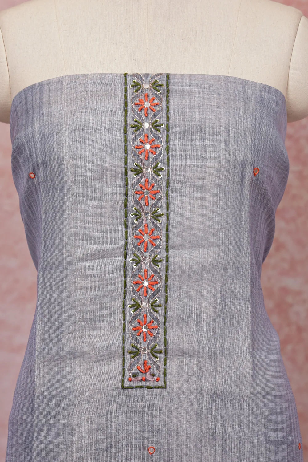 Light Ash Tissue Thread Work Unstitched Churidhar Material