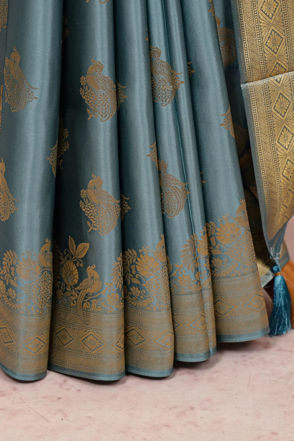 Light Blue Semi Silk Peacock Butta Saree With Designer Border - Seematti