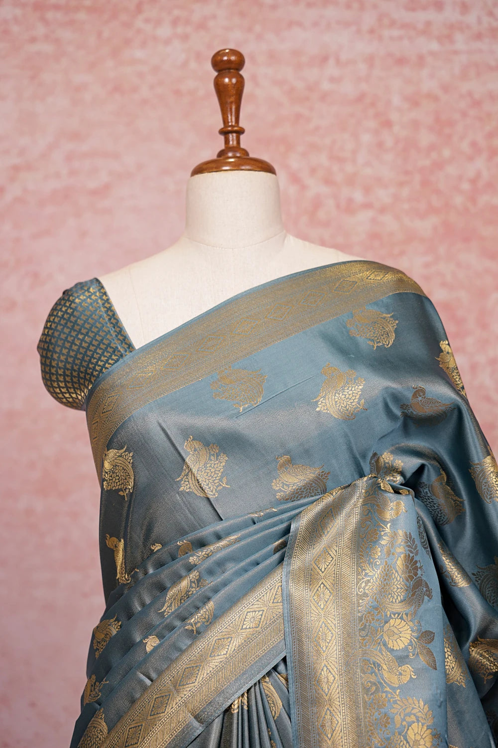 Light Blue Semi Silk Peacock Butta Saree With Designer Border - Seematti