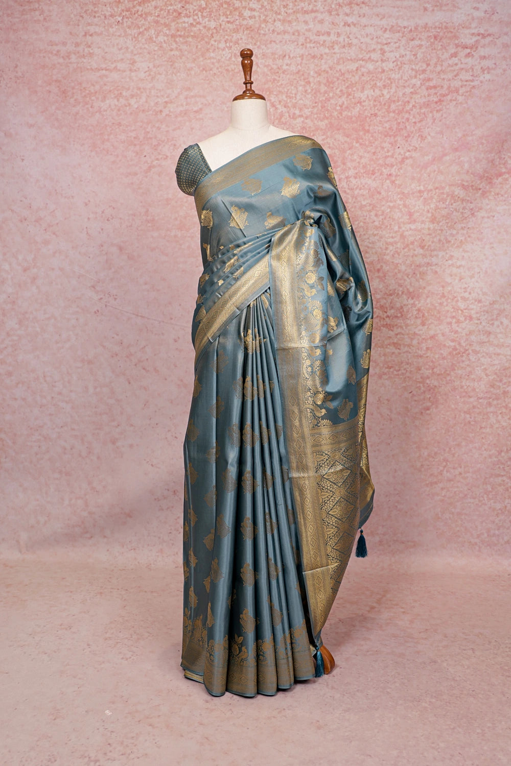 Light Blue Semi Silk Peacock Butta Saree With Designer Border - Seematti