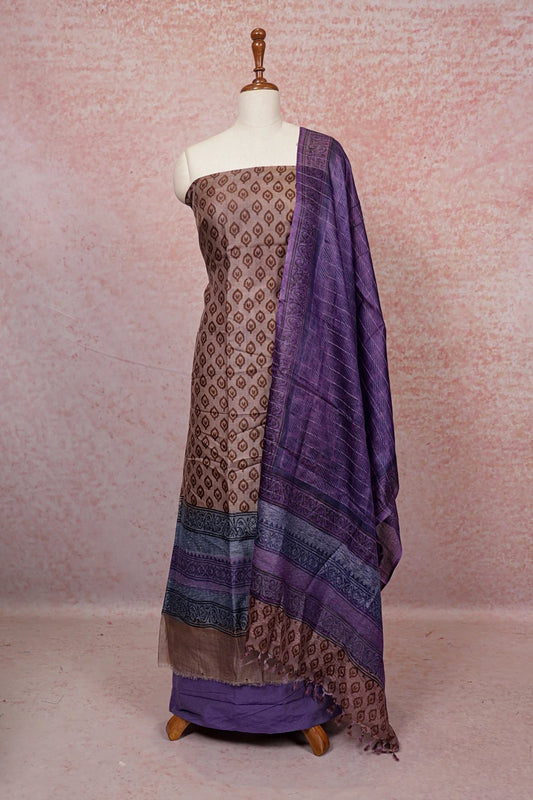 Light Brown Tussar Printed Unstitched Churidhar Material - Seematti