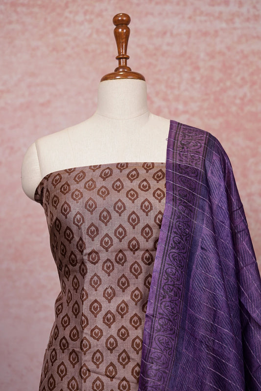 Light Brown Tussar Printed Unstitched Churidhar Material - Seematti