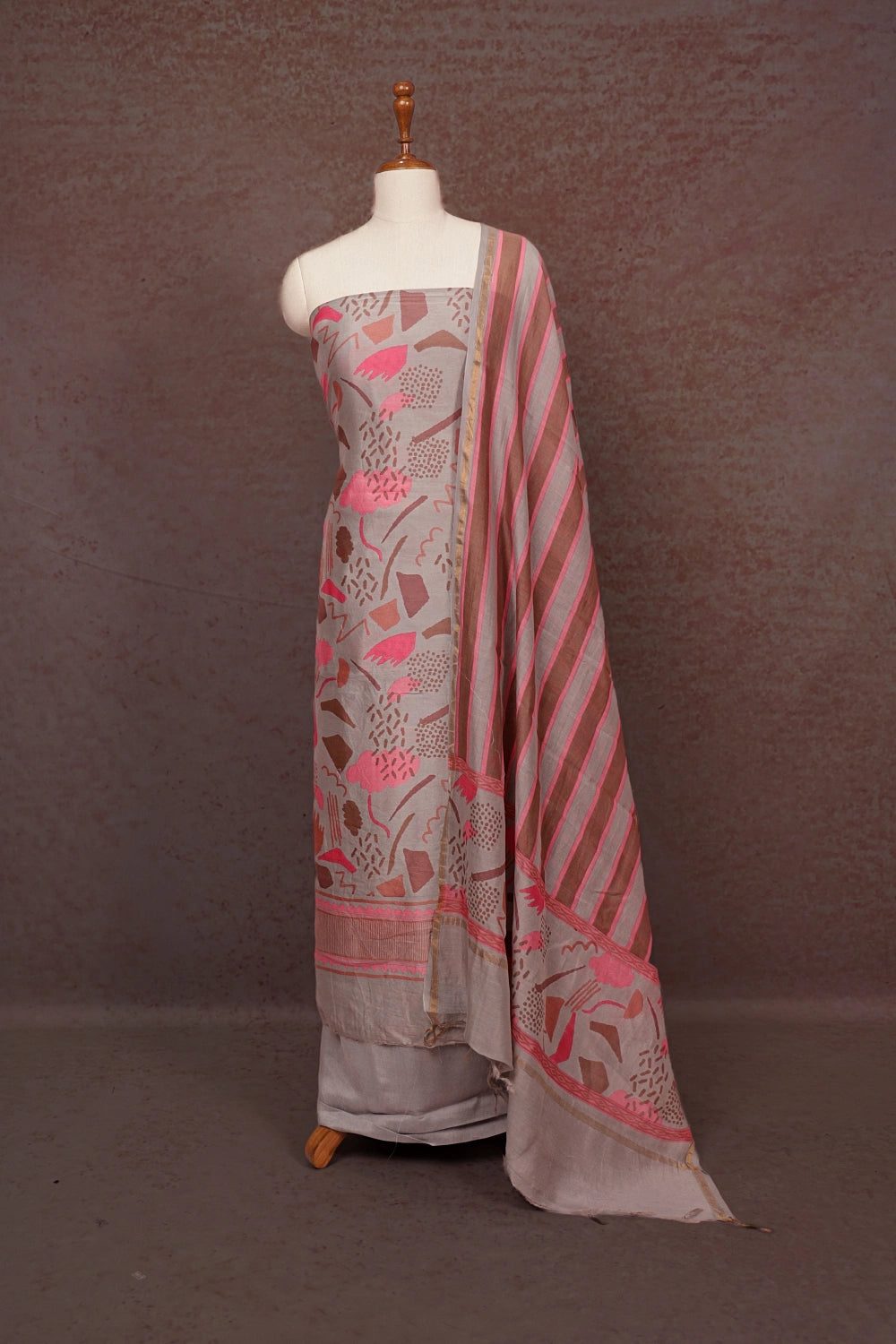 Light Grey Chanderi Printed Unstitched Churidhar Material