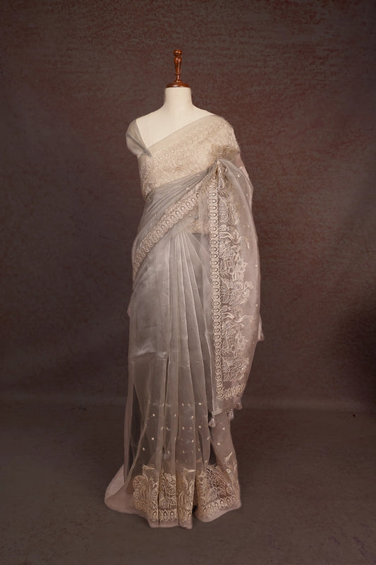 Light Grey Glass Organza Saree
