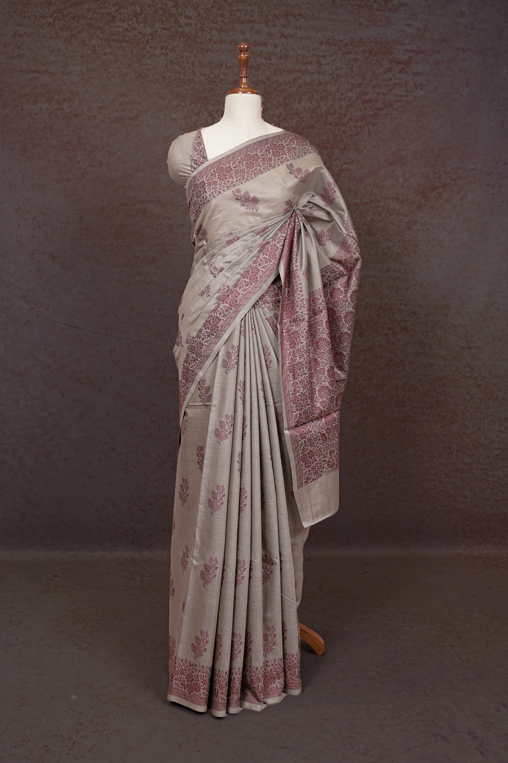 Light Grey Tussar Silk Saree