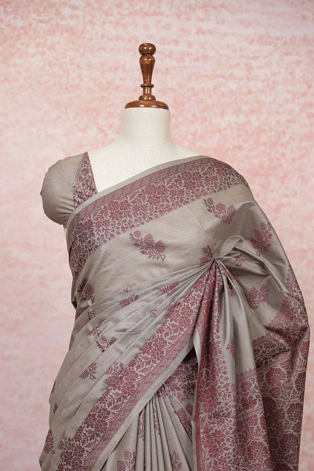 Light Grey Tussar Silk Saree
