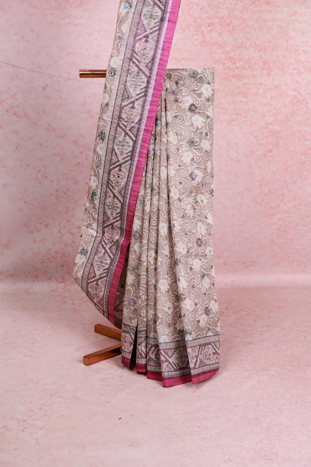 Light Lavender Cotton Floral Printed Saree With Plain Border - Seematti