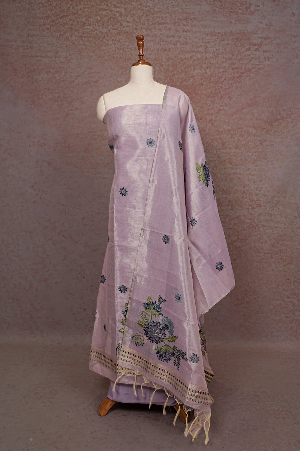 Light Lavender Semi Tissue Embroidery Unstitched Churidhar Material