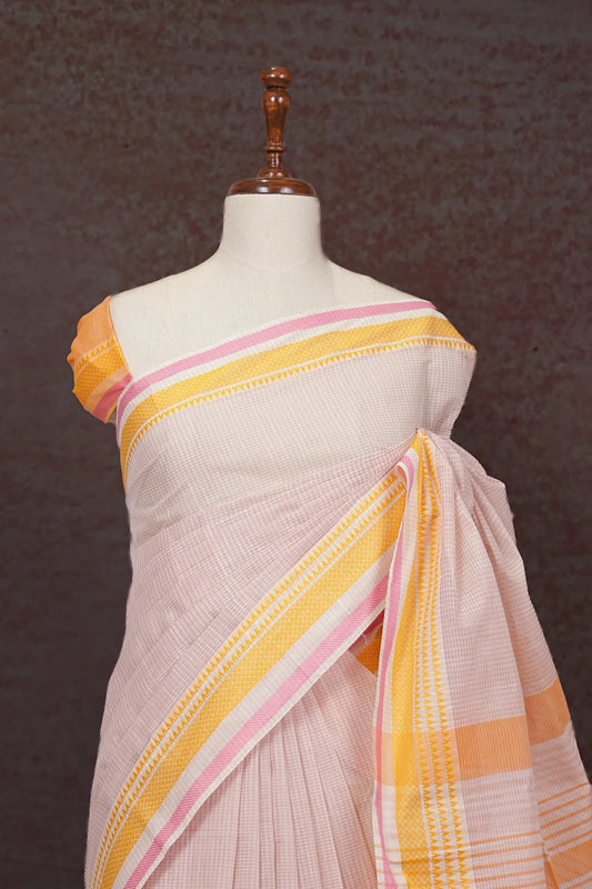 Light Peach Cotton Saree - Seematti