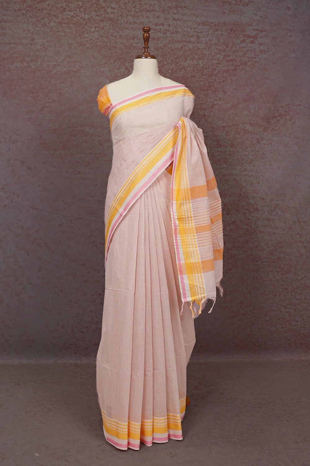 Light Peach Cotton Saree - Seematti