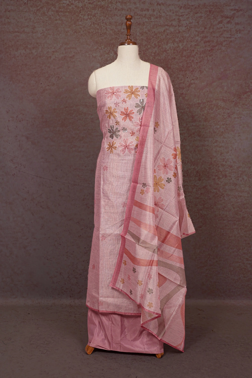 Light Pink Semi Silk Embroidary Unstitched Churidhar Material