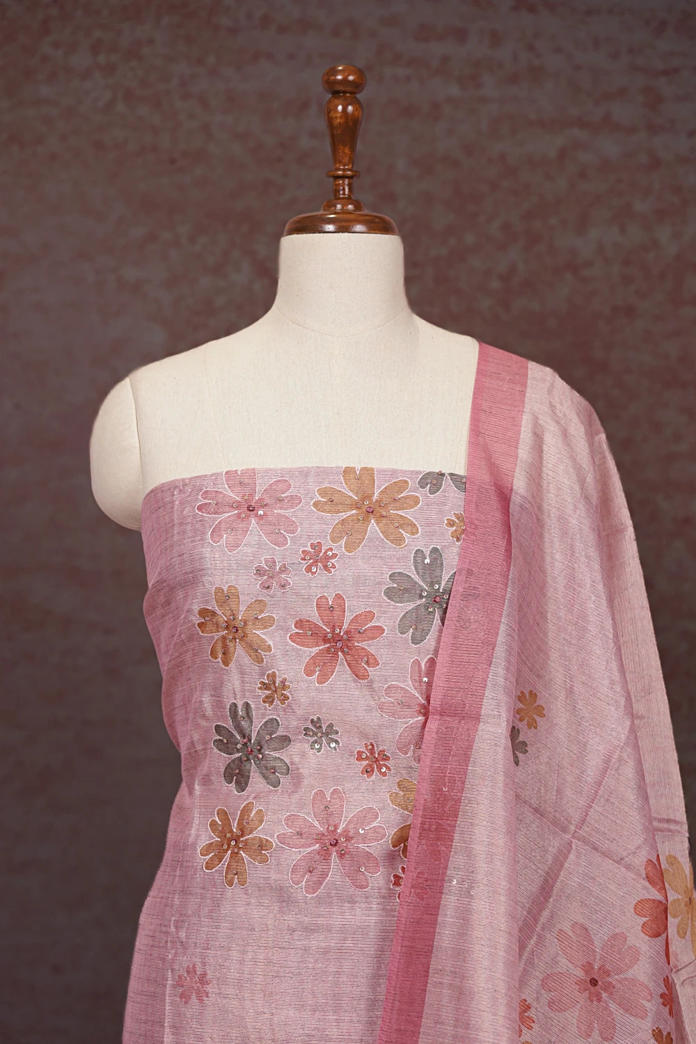 Light Pink Semi Silk Embroidary Unstitched Churidhar Material