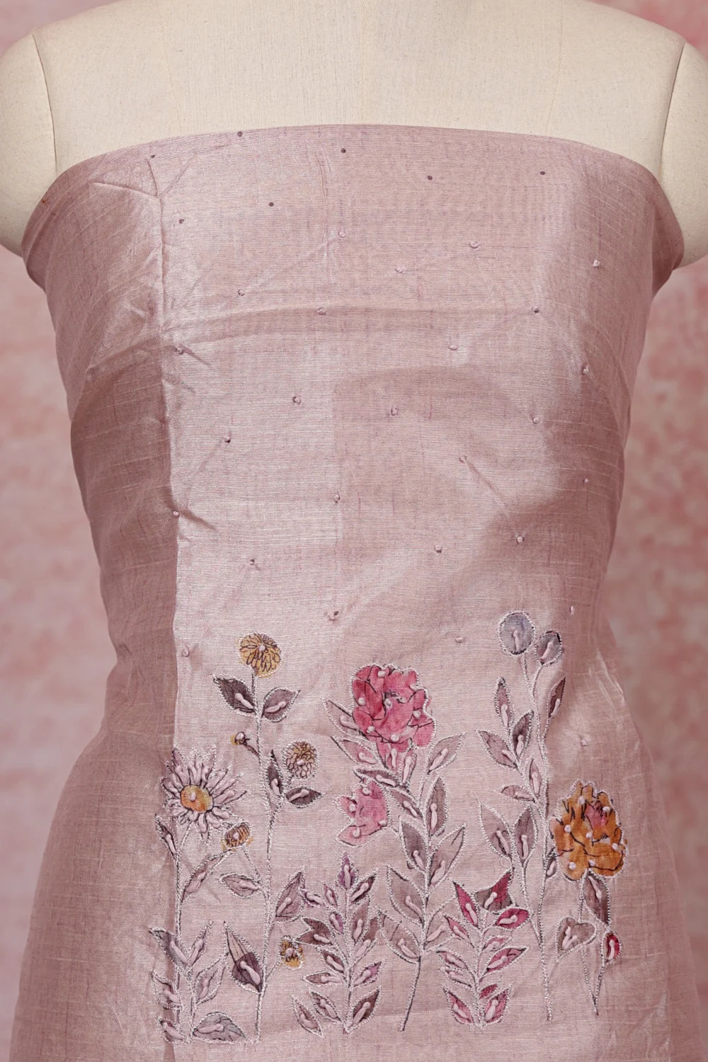 Light Rose Semi Silk Thread Work Un Stitched Churidhar Material - Seematti