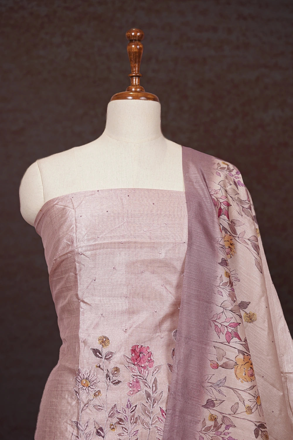 Light Rose Semi Silk Thread Work Un Stitched Churidhar Material - Seematti