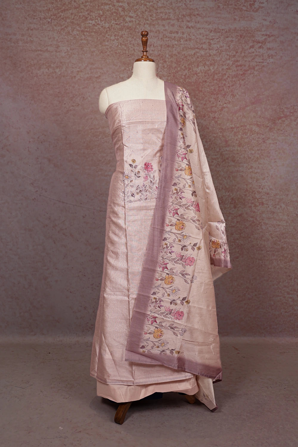 Light Rose Semi Silk Thread Work Un Stitched Churidhar Material - Seematti