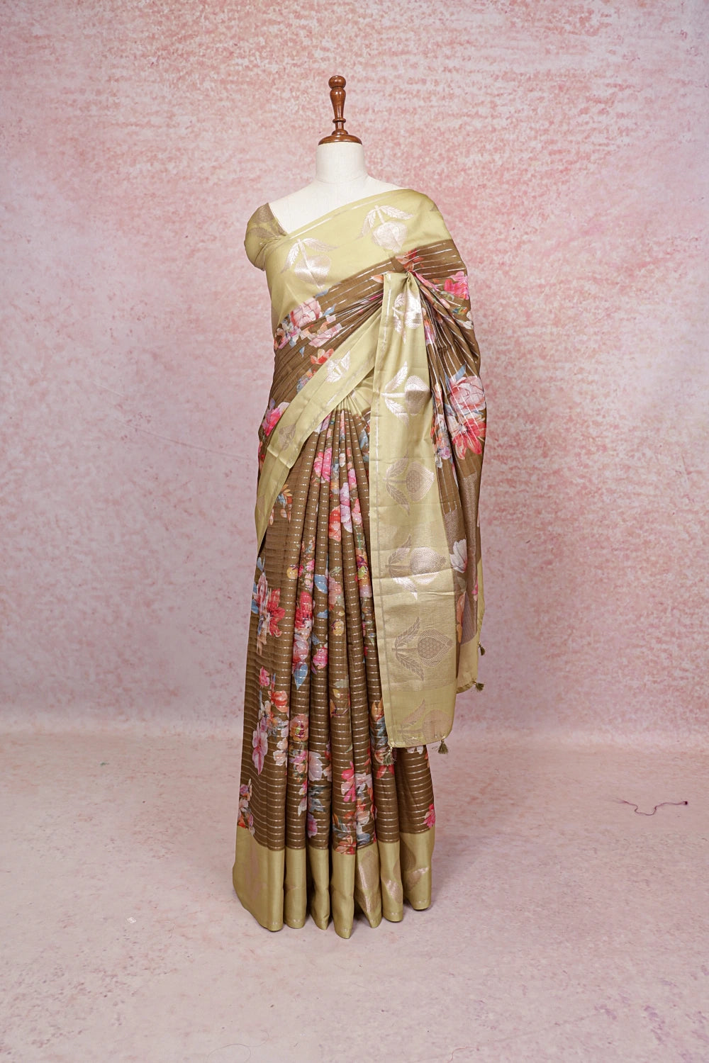 Light Taupe Semi Banarasi Saree - Seematti