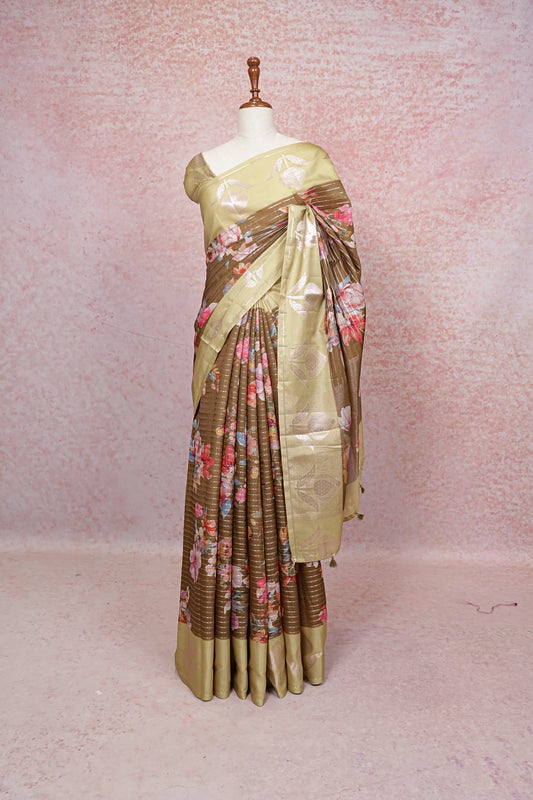 Light Taupe Semi Banarasi Saree - Seematti