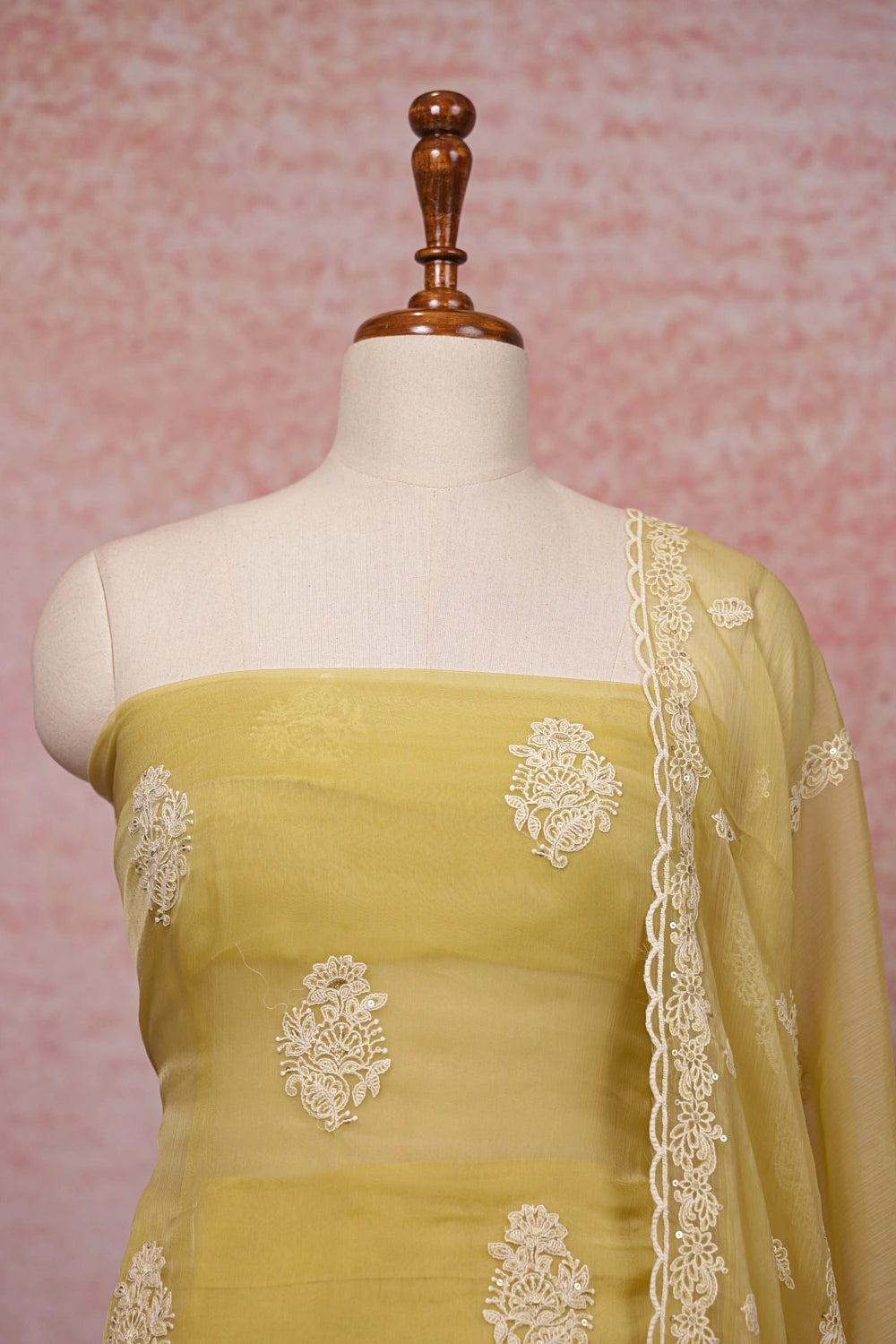 Light Yellow  Crush Organza Thread Work Unstitched Churidhar Material - Seematti