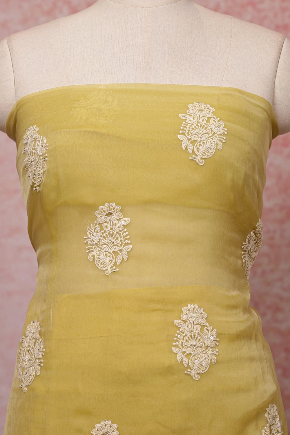 Light Yellow  Crush Organza Thread Work Unstitched Churidhar Material - Seematti