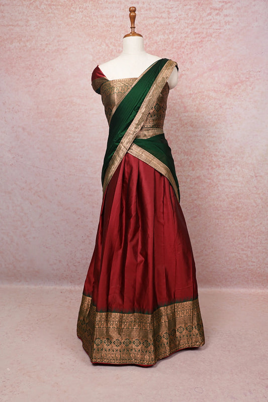 Maroon And Green Semi Silk Dhavani Set - Seematti