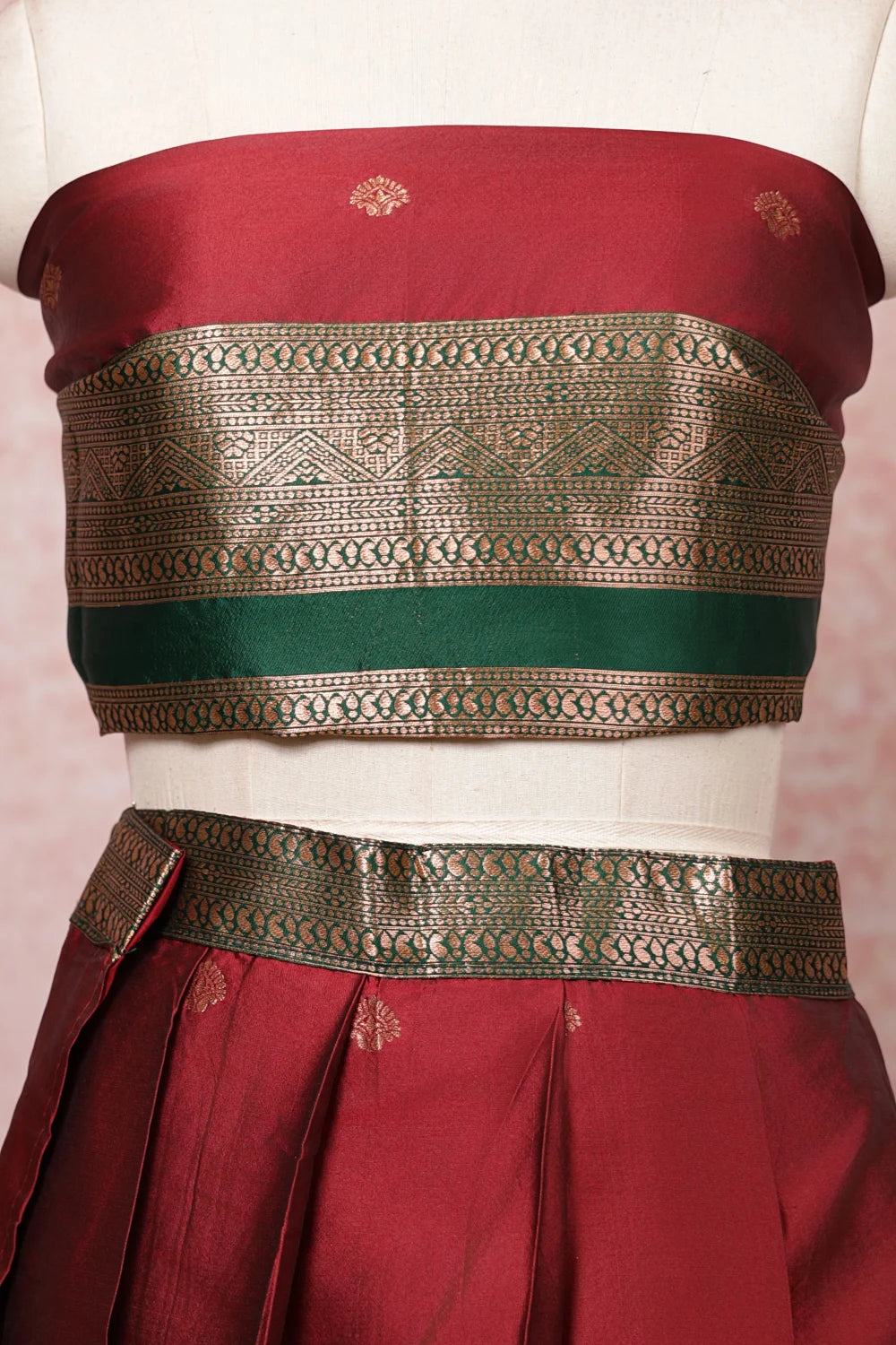 Maroon And Green Semi Silk Dhavani Set - Seematti