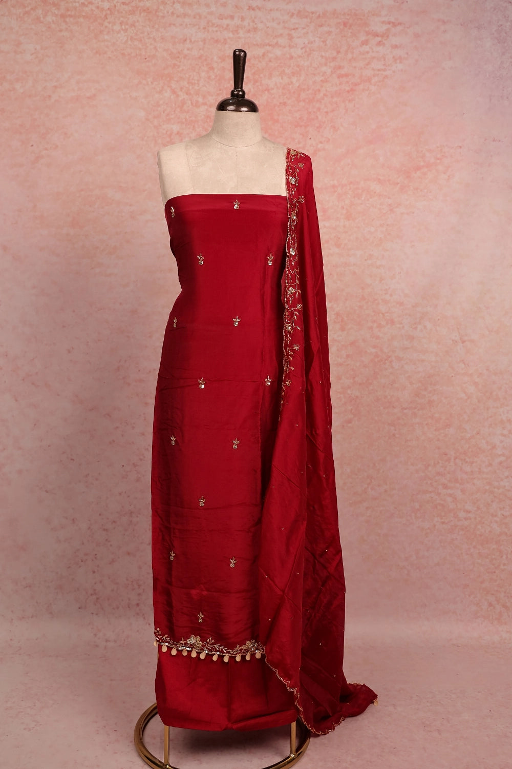 Maroon Crepe Beads Work Unstitched Churidhar Material