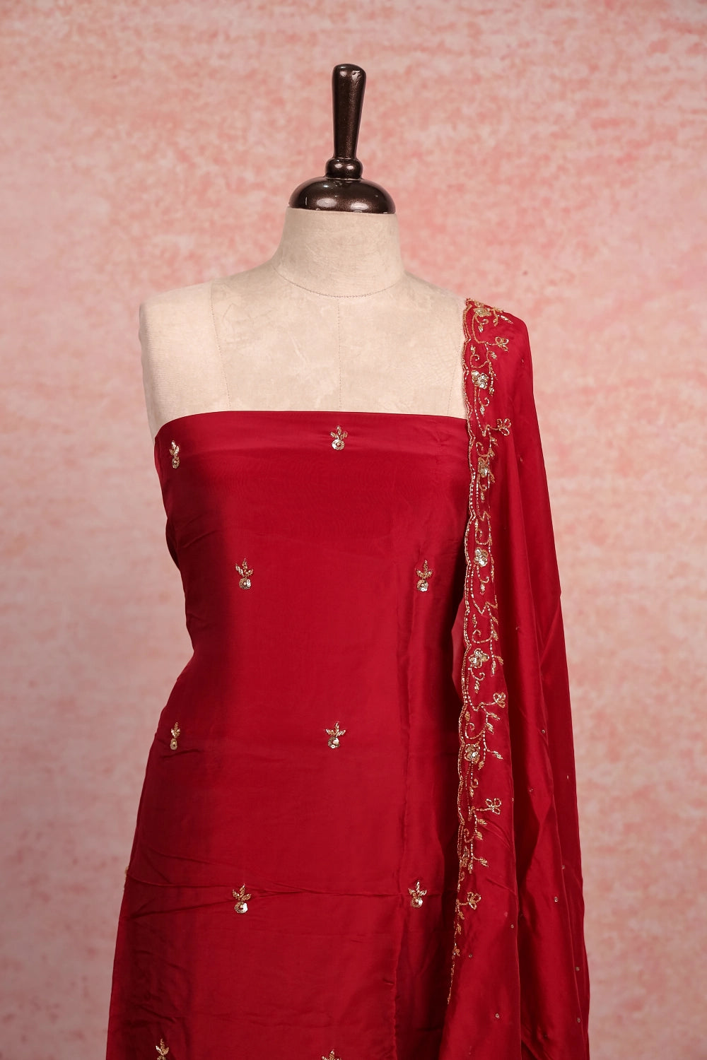 Maroon Crepe Beads Work Unstitched Churidhar Material