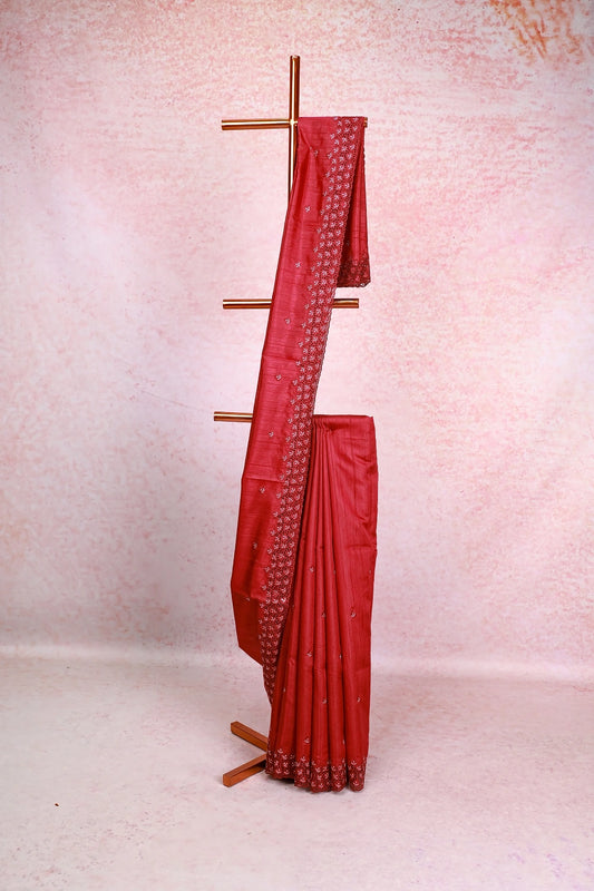 Maroon Red Tussar Jute Saree