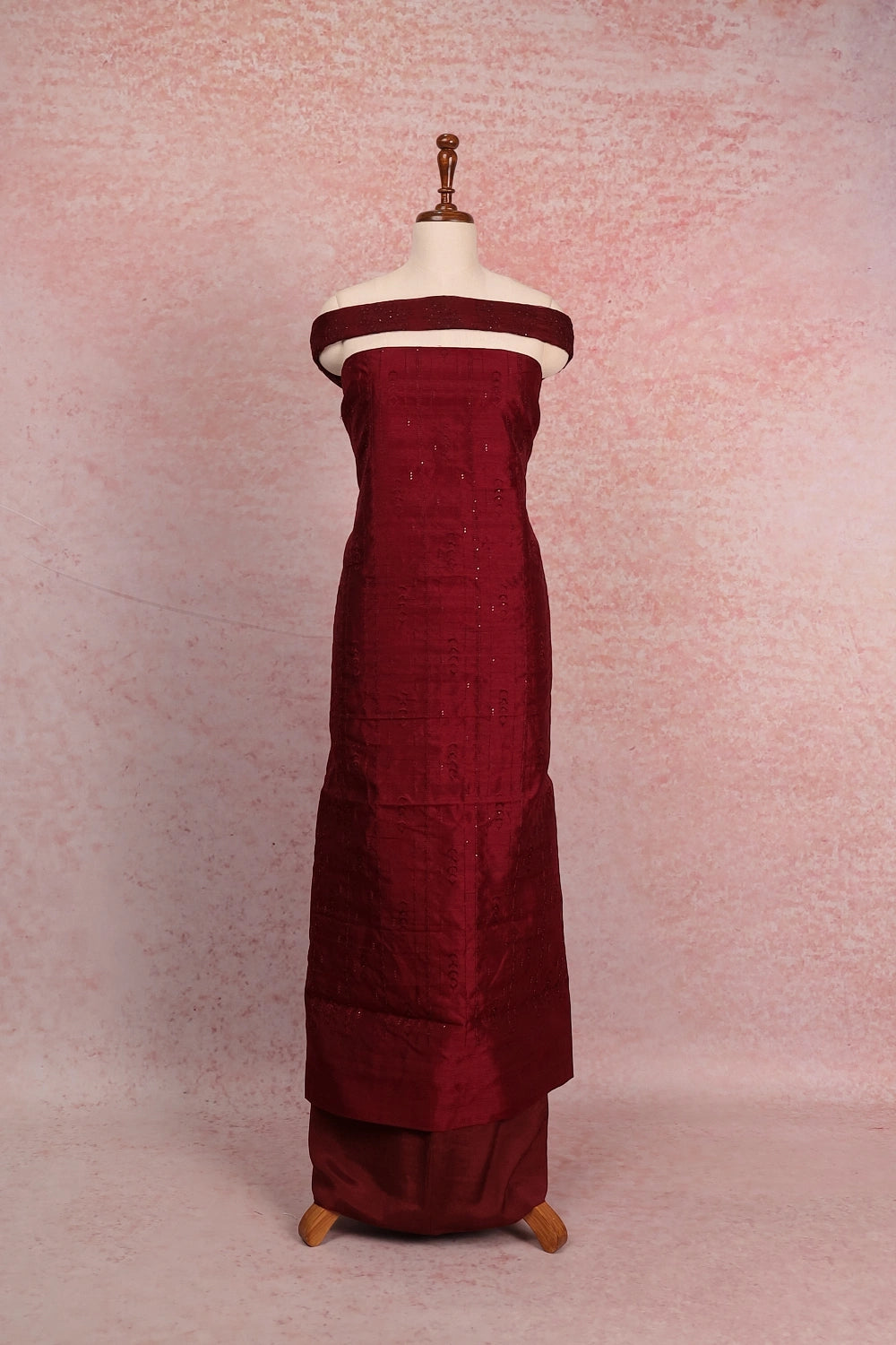 Maroon Semi Tussar Embroidary Unstitched Churidhar Material