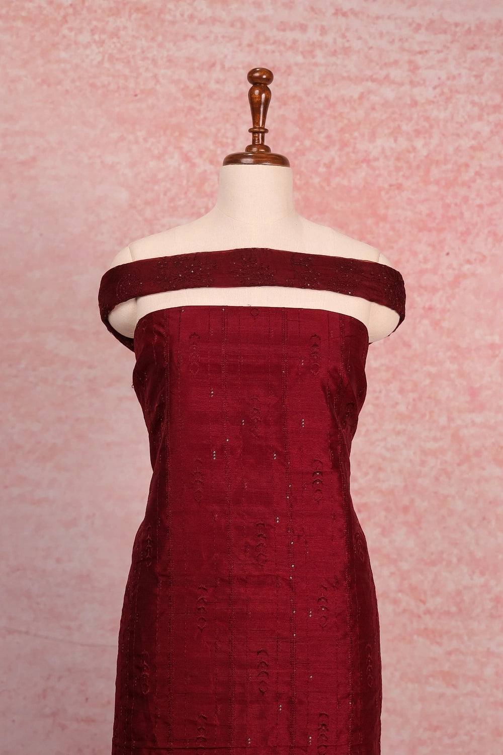 Maroon Semi Tussar Embroidary Unstitched Churidhar Material
