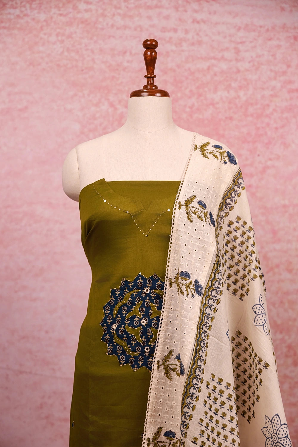 Mehandi Green Cotton Applic Work Unstitched Churidhar Material