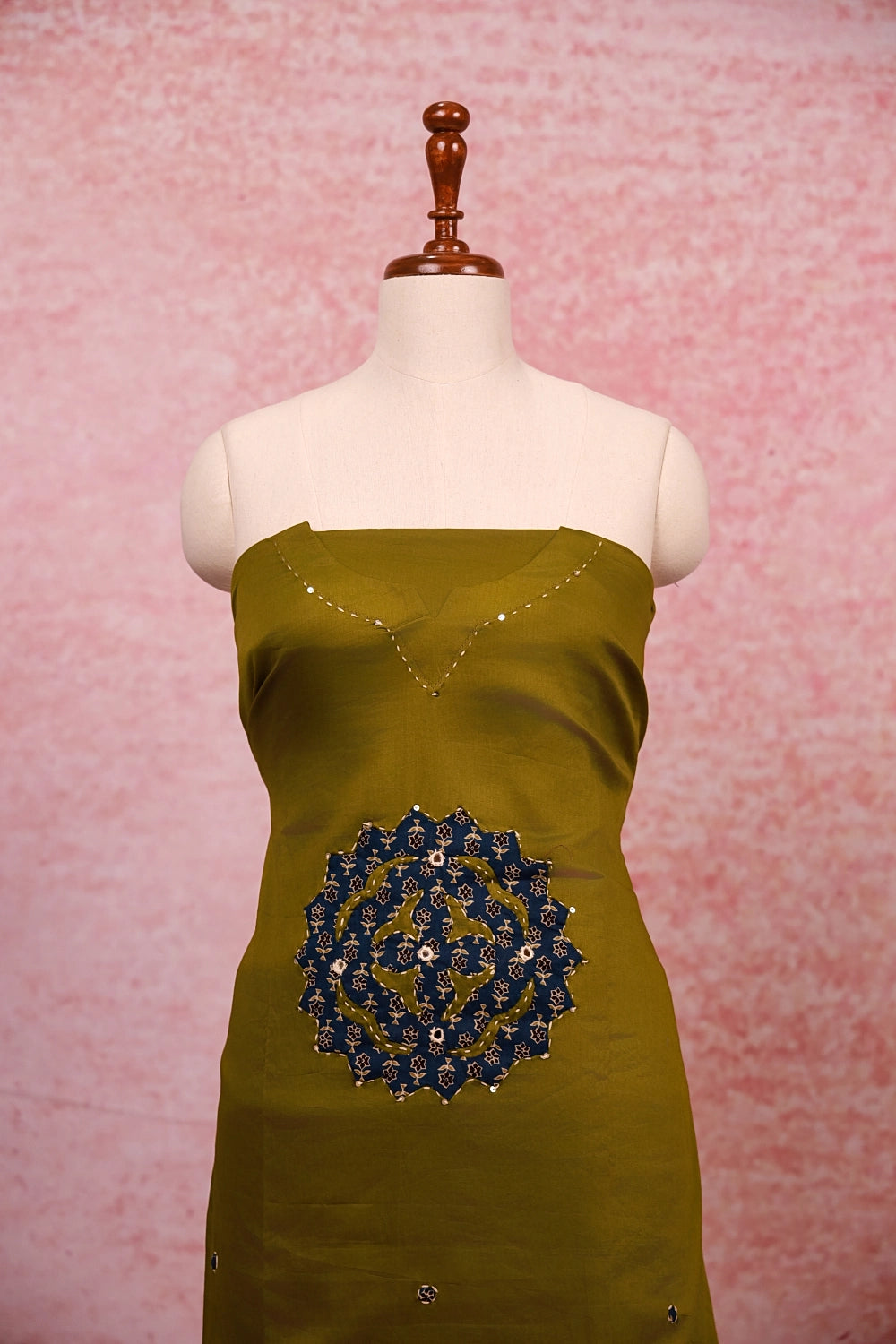 Mehandi Green Cotton Applic Work Unstitched Churidhar Material