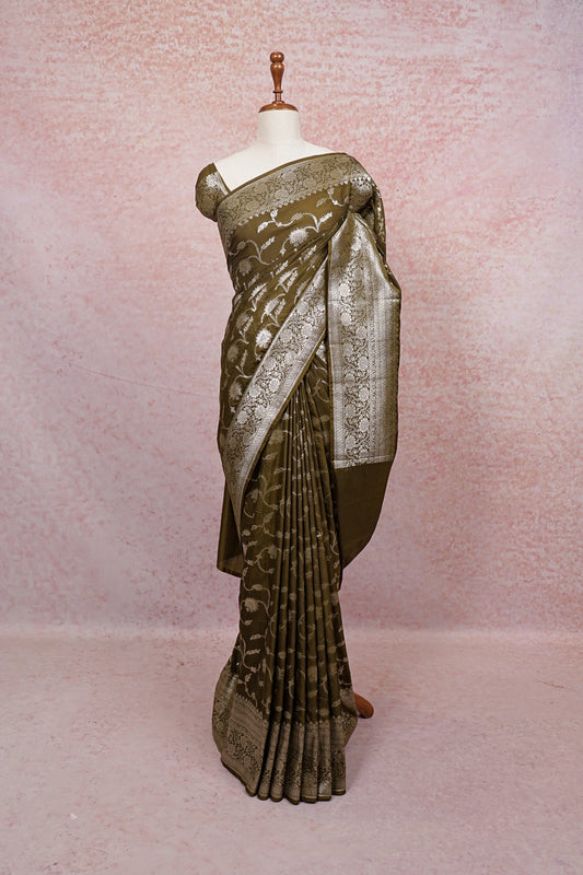 Mehandi Green Semi Banarasi Saree - Seematti
