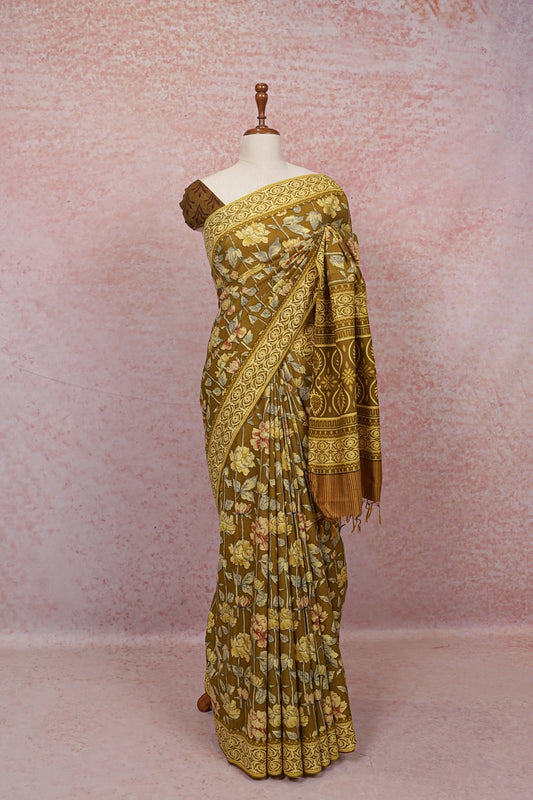Mehandi  Green Semi Tussar Saree - Seematti
