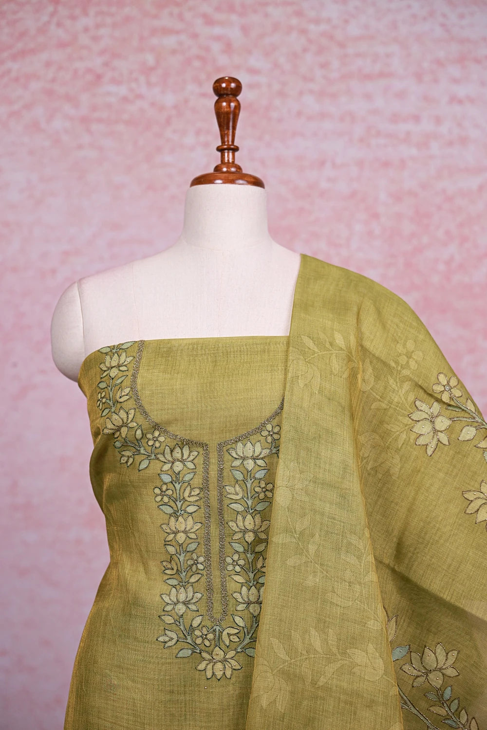 Mehandi Green Tissue Silk Applic Work Unstitched Churidhar Material - Seematti