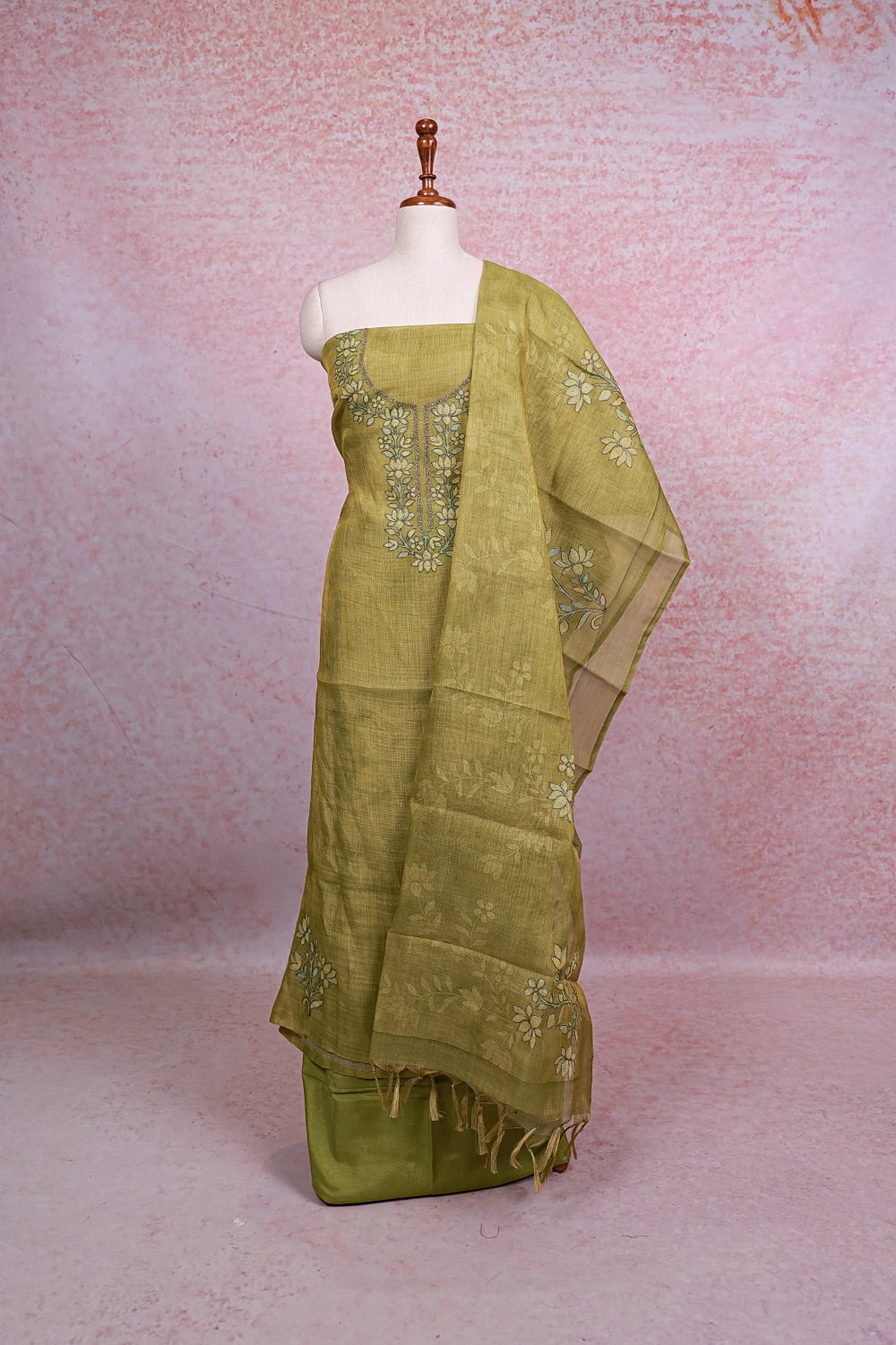 Mehandi Green Tissue Silk Applic Work Unstitched Churidhar Material - Seematti
