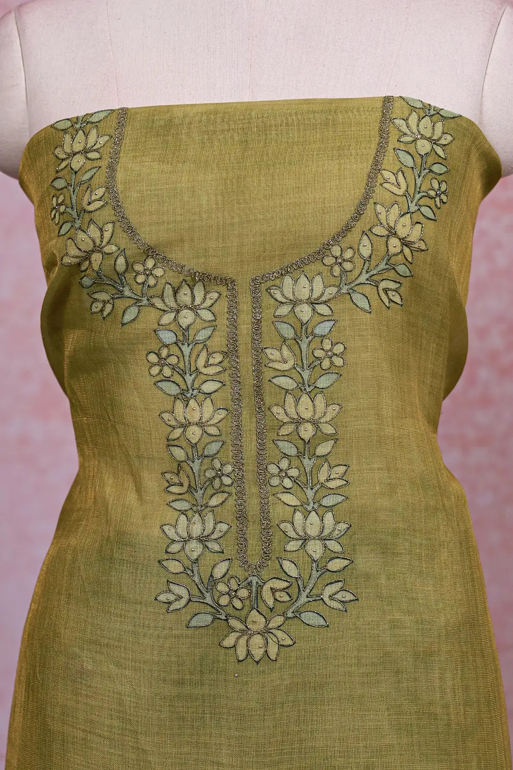 Mehandi Green Tissue Silk Applic Work Unstitched Churidhar Material - Seematti