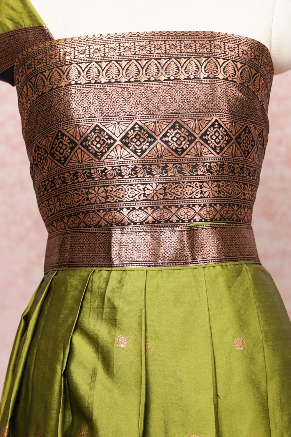 Mehandi Green With Black Semi Silk Dhavani Set - Seematti