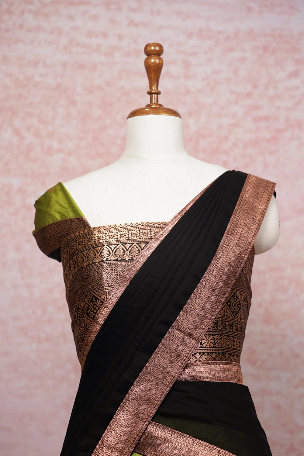 Mehandi Green With Black Semi Silk Dhavani Set - Seematti