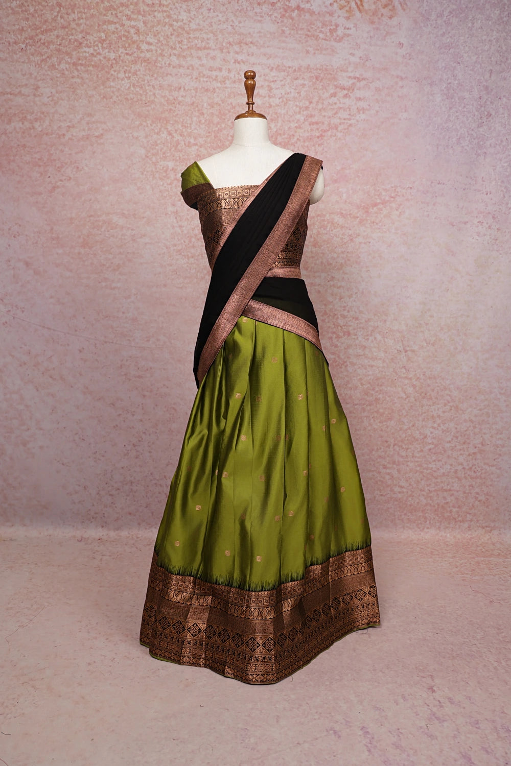 Mehandi Green With Black Semi Silk Dhavani Set - Seematti