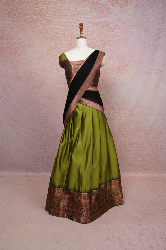 Mehandi Green With Black Semi Silk Dhavani Set - Seematti