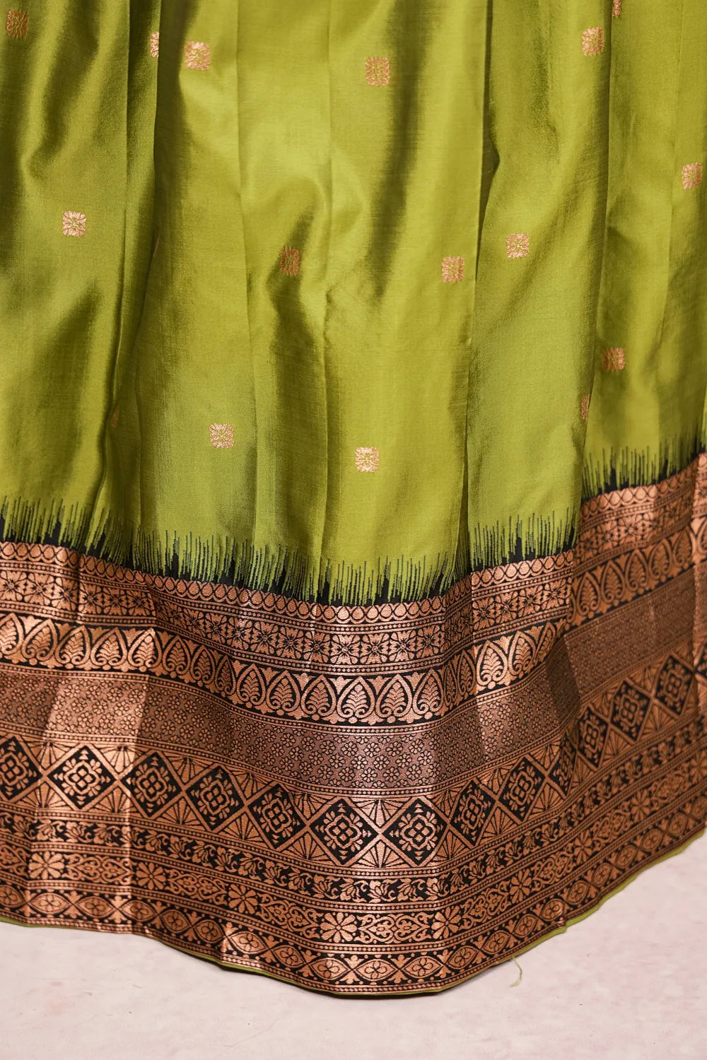 Mehandi Green With Black Semi Silk Dhavani Set - Seematti