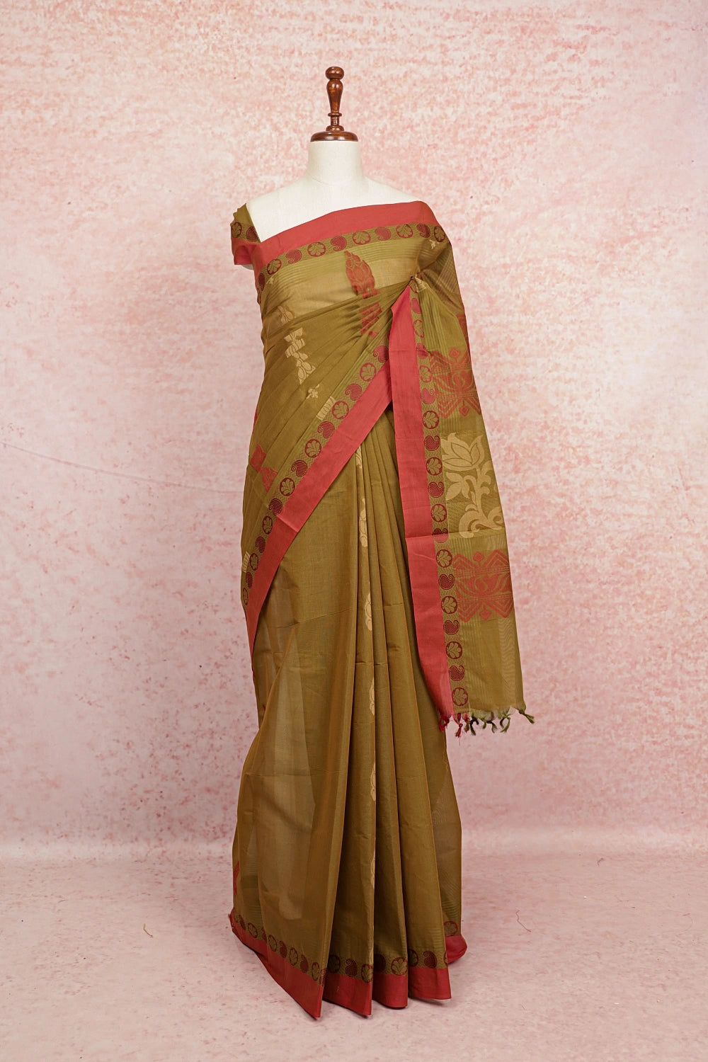 Moss Green Bengal Cotton Thread Work Saree With Plain Border - Seematti